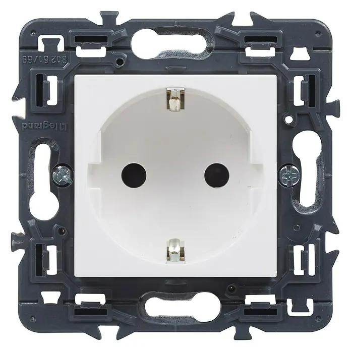 Legrand Valena Next Enchufe - Blanco, Plástico, Colocar - Primer plano de un enchufe Legrand con un inserto blanco y un marco gris, ideal para instalaciones modernas.
