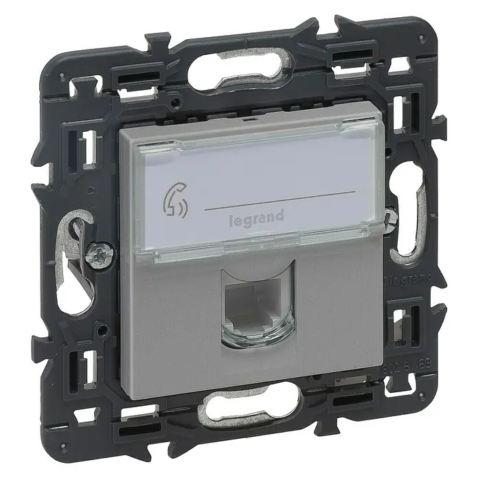 Legrand Valena Next Toma de teléfono RJ11 - Aluminio, Instalar - Toma de teléfono Legrand con área de etiquetado para una comunicación clara. Construcción robusta y fácil instalación para conexiones fiables.