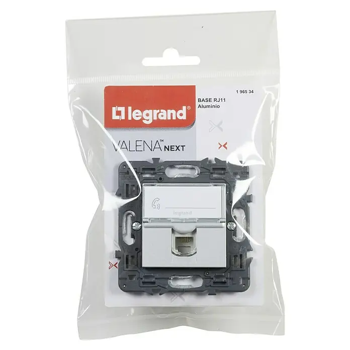 Legrand Valena Next Toma de teléfono RJ11 - Aluminio, Instalar - Imagen de una base Legrand Valena Next RJ11 de aluminio empaquetada, un componente de instalación eléctrica.