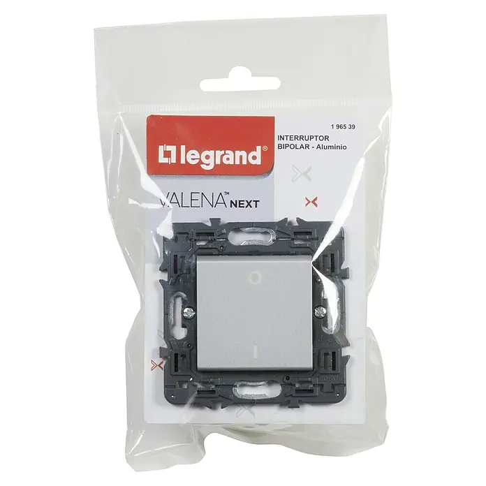 Legrand Valena Next Conmutador Bipolar - Aluminio, Brillante, Montaje en la pared, 16 A - Un interruptor bipolar de aluminio Legrand Valena Next empaquetado, ideal para instalaciones modernas y fácil operación.