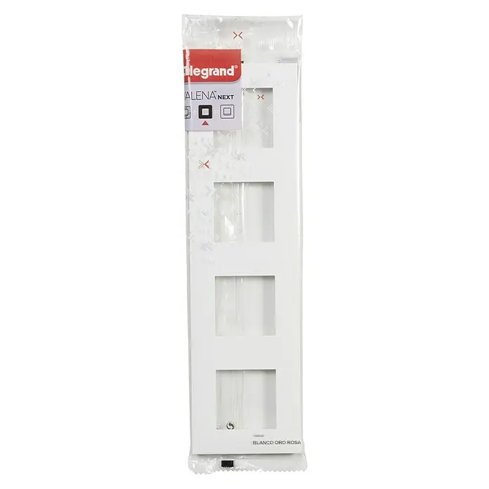 Legrand Valena Next Marco - Blanco/Oro rosa, Modelo de mecanismos: x 4, Plástico, Colocar - Primer plano de una placa de cubierta cuádruple Legrand Valena Next en blanco, oro y rosa, empaquetada en un envoltorio de plástico transparente.