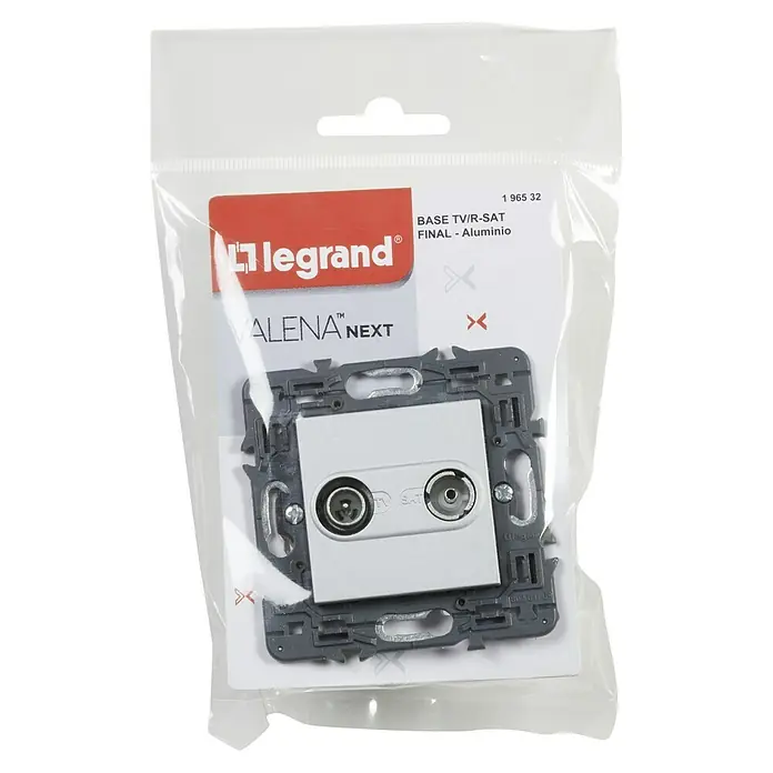 Legrand Valena Next Conmutador con luz - Aluminio, Plástico, 10 A - Base TV/R-SAT Legrand Alena Next envasada, pieza final de aluminio. Práctica para el transporte y el almacenamiento seguros.