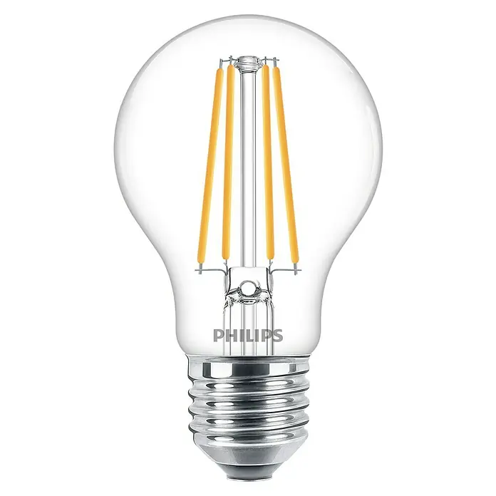 Philips Bombilla LED Classic CW Transparente - E27, No regulable, Blanco frío, 1.055 lm, 75 W - Primer plano de una bombilla LED Philips con vidrio transparente y filamentos visibles, mostrando iluminación energéticamente eficiente.