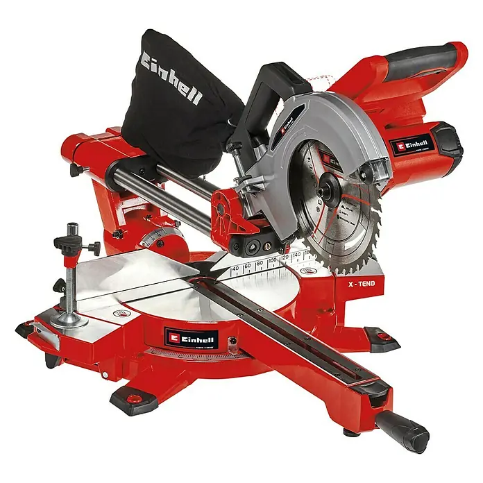 Einhell Power X-Change 18V Akku-Kapp- & Gehrungssäge TE-SM 36/210 Li-Solo - 36 V, Ohne Akku, 3.800 U/min - Das Bild zeigt eine rote Einhell Kapp- und Zugsäge X-Tend, ein leistungsstarkes Werkzeug für präzise Schnitte in Holz und anderen Materialien.