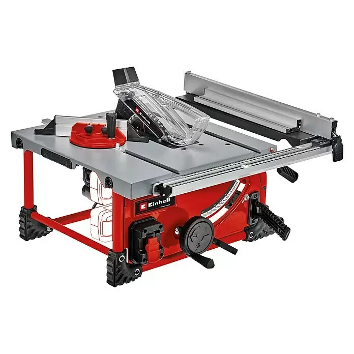 Einhell PXC 18V Sierra de mesa de batería TE-TS 36/210 - 36 V, Sin batería, Diámetro hoja de sierra: 210 mm - Sierra de mesa roja y gris con protector de hoja transparente y guía ajustable, diseñada para cortes precisos.
