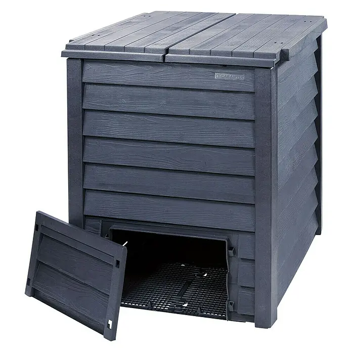 Garantia Komposter Thermo-Wood - 600 l, 80 x 80 x 100 cm, Mit Bodengitter - Dunkelgrauer Komposter mit Holzstruktur und einer Klappe, die geöffnet ist, um das Innere mit einem Gitterboden zu zeigen.