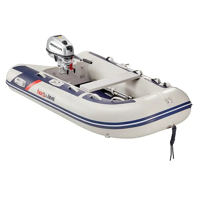 Honda Marine Schlauchboot T25-SE3 - B x L: 156 x 250 cm, Traglast: 250 kg, Grau, Blau - Hier ist ein Honda Honwave Schlauchboot mit einem Honda Außenbordmotor, perfekt für Wassersport und Freizeitaktivitäten auf dem Wasser.