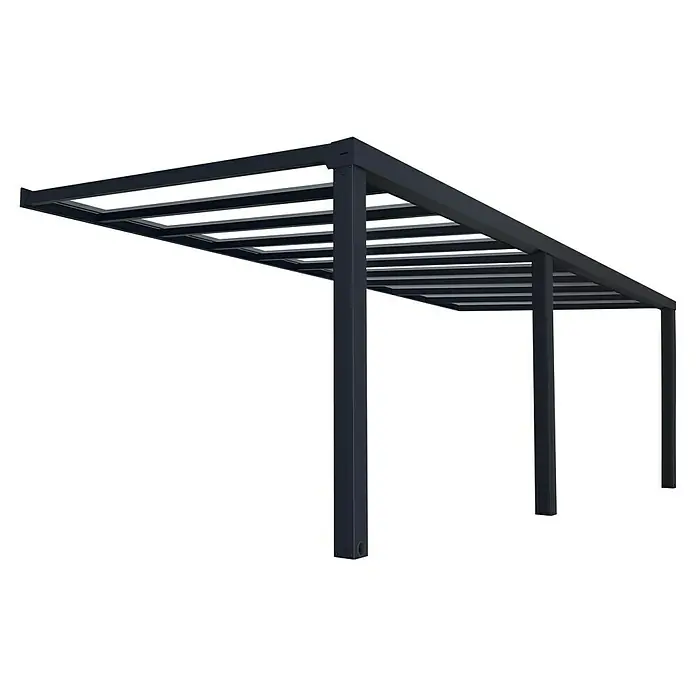 Palram – Canopia Terrassenüberdachung Stockholm - B x T: 740 x 340 cm, Anthrazitgrau, Polycarbonat - Bild eines modernen, grauen Pavillons mit schlanken Säulen und minimalistischem Design, ideal für den Garten.