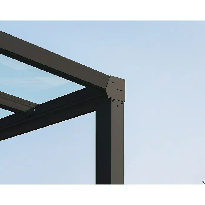 Palram – Canopia Terrassenüberdachung Stockholm - B x T: 660 x 340 cm, Anthrazitgrau, Polycarbonat - Nahaufnahme einer modernen Terrassenüberdachung mit klaren Linien und minimalistischem Design, ideal für den Außenbereich.