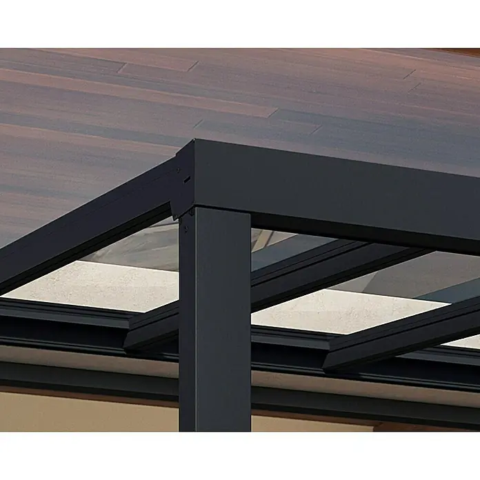 Palram – Canopia Terrassenüberdachung Stockholm - B x T: 660 x 340 cm, Anthrazitgrau, Polycarbonat - Nahaufnahme einer modernen Terrassenüberdachung mit klaren Linien und elegantem Design, die Schutz und Stil bietet.