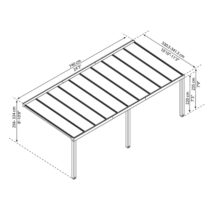 Palram – Canopia Terrassenüberdachung Stockholm - B x T: 740 x 340 cm, Anthrazitgrau, Polycarbonat - Technische Zeichnung einer Pergola mit Maßangaben in Zentimetern und Fuß.