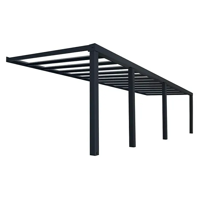 Palram – Canopia Terrassenüberdachung Stockholm - B x T: 950 x 340 cm, Anthrazitgrau, Polycarbonat - Eine stahlgraue Gartenpergola mit schattenspendenden Lamellen und stabilen Stützpfeilern für den Außenbereich.