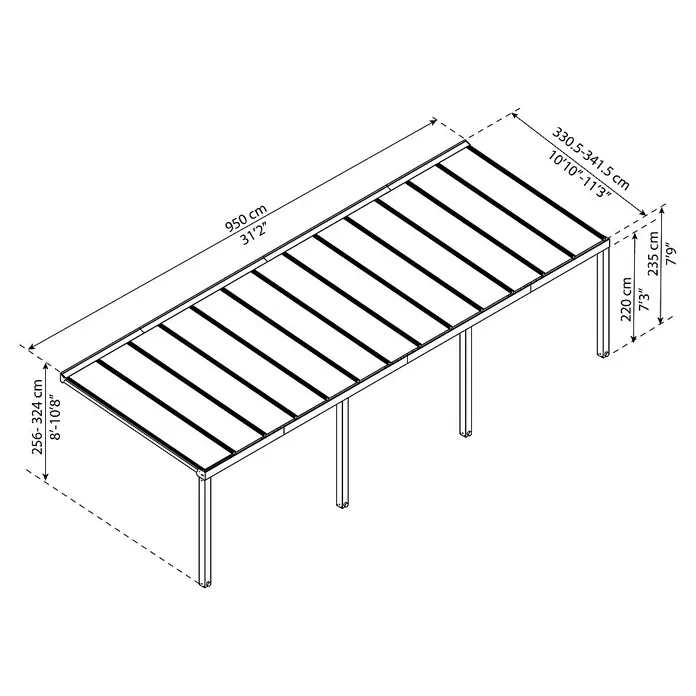 Palram – Canopia Terrassenüberdachung Stockholm - B x T: 950 x 340 cm, Anthrazitgrau, Polycarbonat - Technische Zeichnung eines Carports mit Bemaßung in cm und Zoll.