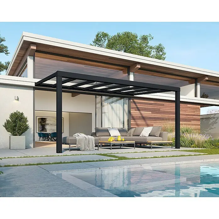 Palram – Canopia Terrassenüberdachung Stockholm - B x T: 515 x 340 cm, Anthrazitgrau, Polycarbonat - Eine moderne Pergola mit klarem Design und schlanken schwarzen Rahmen bietet stilvollen Sonnenschutz für den Außenbereich.