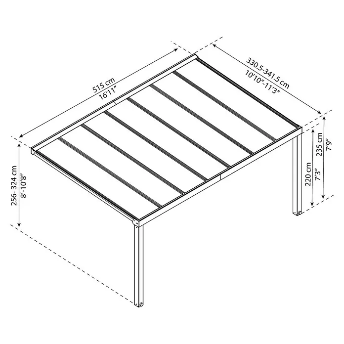 Palram – Canopia Terrassenüberdachung Stockholm - B x T: 515 x 340 cm, Anthrazitgrau, Polycarbonat - Abmessungen einer Pergola mit den Maßen 515 x 256-324 x 330.5-341.5 cm und einer Höhe von 220-235 cm.