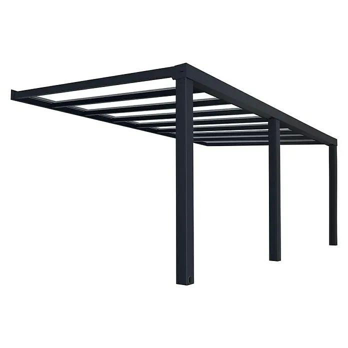 Palram – Canopia Terrassenüberdachung Stockholm - B x T: 590 x 340 cm, Anthrazitgrau, Polycarbonat - Bild eines Pavillons mit stabilen Metallpfosten und einem modernen, offenen Design, ideal für den Außenbereich.