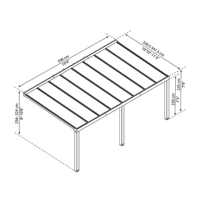 Palram – Canopia Terrassenüberdachung Stockholm - B x T: 590 x 340 cm, Anthrazitgrau, Polycarbonat - Darstellung eines Terrassendachs mit Abmessungen in Zentimetern und Fuß, die seine Größe und die empfohlene Installationshöhe angeben.