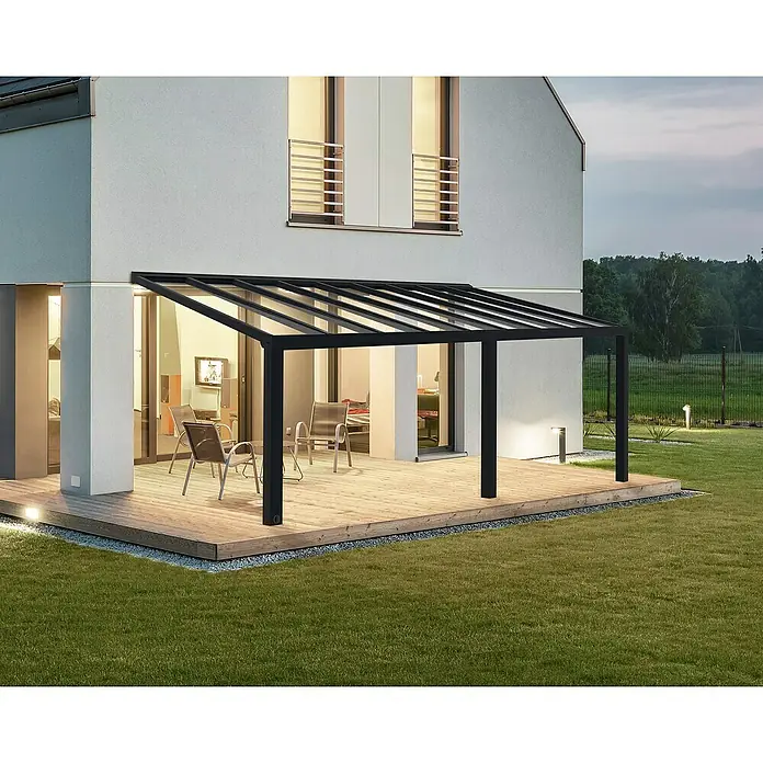 Palram – Canopia Terrassenüberdachung Stockholm - B x T: 660 x 340 cm, Anthrazitgrau, Polycarbonat - Terrassenüberdachung aus schwarzem Metall mit Glasdach, die den Sitzbereich im Freien vor Witterungseinflüssen schützt und ein modernes Ambiente schafft.