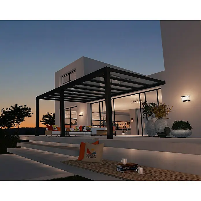 Palram – Canopia Terrassenüberdachung Stockholm - B x T: 660 x 340 cm, Anthrazitgrau, Polycarbonat - Moderne Pergola mit Glasdach und Außenbeleuchtung, die eine stilvolle Erweiterung des Wohnraums im Freien bietet. Die Pergola sorgt für angenehmen Schatten.