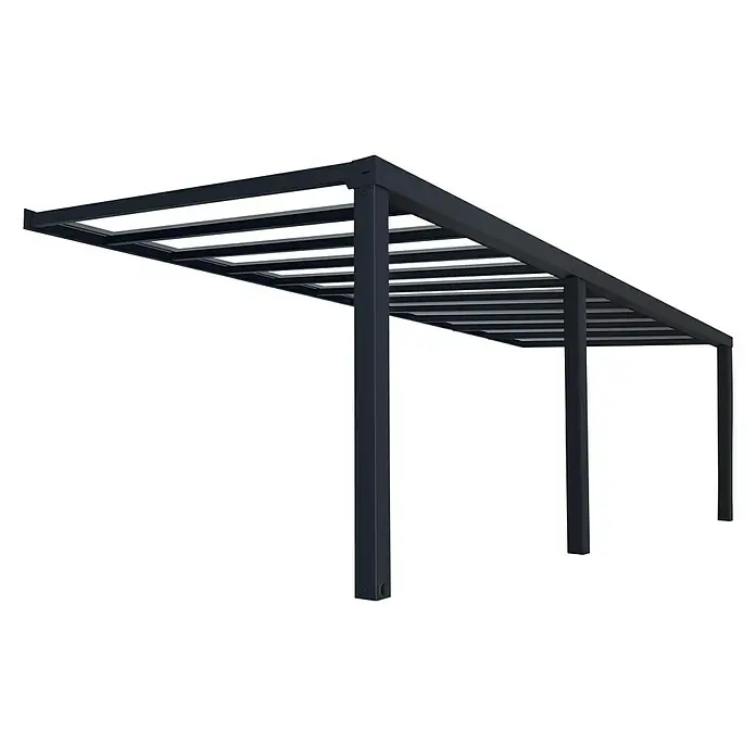 Palram – Canopia Terrassenüberdachung Stockholm - B x T: 810 x 340 cm, Anthrazitgrau, Polycarbonat - Bild eines Pavillons mit schlankem, modernem Design und einer dunklen Metallkonstruktion, ideal für den Außenbereich.