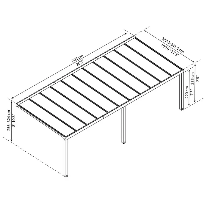 Palram – Canopia Terrassenüberdachung Stockholm - B x T: 810 x 340 cm, Anthrazitgrau, Polycarbonat - Produktansicht: Die Maße des Terrassendachs sind detailliert angegeben.