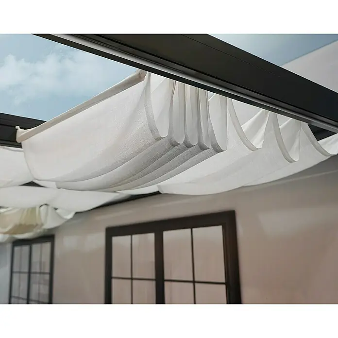 Palram – Canopia Techo de repuesto Stockholm - Blanco, 5 ud., Específico para: Pérgola Stockholm 340x370 - Un dosel de tela blanca está unido a una pérgola, proporcionando sombra y atractivo estético, mejorando los espacios exteriores y protegiendo del sol.