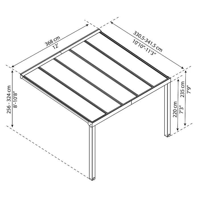 Palram – Canopia Terrassenüberdachung Stockholm - B x T: 368 x 340 cm, Anthrazitgrau, Polycarbonat - Produktbild mit Maßangaben eines Pavillons mit den Maßen 368x330.5-341.5x256-324x220-235 cm.