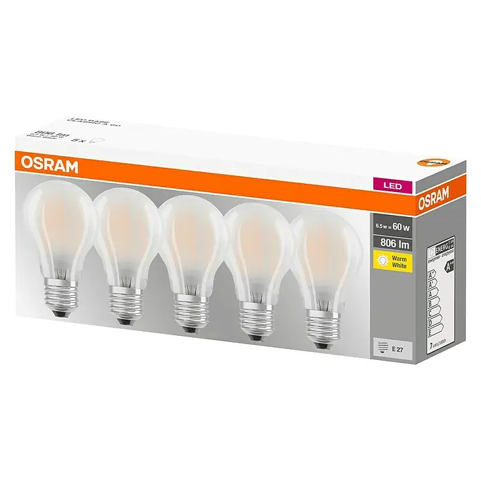 Osram Star LED-Lampen Set Glühlampenform E27 mattE27, Nicht Dimmbar, Warmweiß, 806 lm, 7 W, 5 Stk., Matt - Eine Packung OSRAM LED-Glühbirnen, 6.5W entspricht 60W, mit warmweißem Licht und E27-Sockel für energieeffiziente Beleuchtung.
