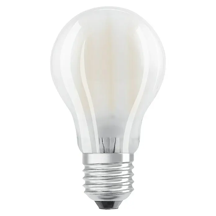 Osram Star LED-Lampen Set Glühlampenform E27 matt - E27, Nicht Dimmbar, Warmweiß, 806 lm, 7 W, 5 Stk., Matt - Nahaufnahme einer LED-Lampe mit mattiertem Glaskolben und silberfarbenem Sockel vor schwarzem Hintergrund.