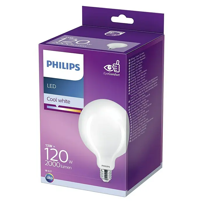 Philips Bombilla LED Classic CW - E27, No regulable, Blanco frío, 2.000 lm, 120 W - Imagen de una bombilla LED Philips de 13W que emite una luz blanca cálida de 2000 lúmenes.