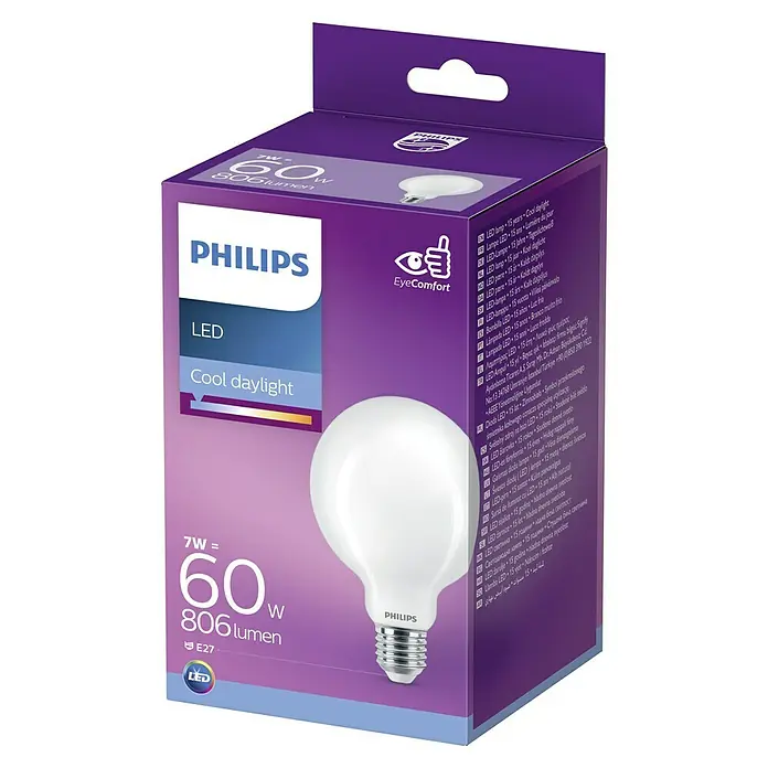 Philips Bombilla LED Classic CDL - E27, Blanco diurno, 806 lm, 60 W - Imagen de una bombilla LED Philips de 7W equivalente a 60W, que proporciona 806 lúmenes.