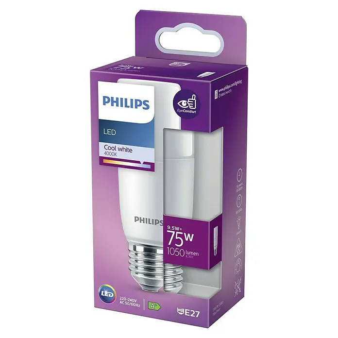 Philips Bombilla LED Classic CW - E27, No regulable, Blanco frío, 1.050 lm, 75 W - Primer plano de una bombilla LED de Philips en su embalaje. La bombilla proporciona una luz blanca fría y confortable y es eficiente energéticamente.