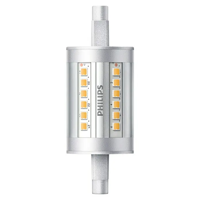 Philips Bombilla LED Classic CW - R7s, Intensidad regulable, Blanco frío, 1.000 lm, 60 W - Primer plano de una bombilla LED Philips, mostrando su intrincado diseño que combina iluminación de bajo consumo y tecnología moderna.