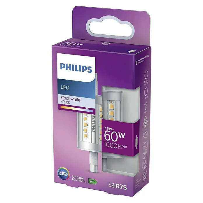 Philips Bombilla LED Classic CW - R7s, Intensidad regulable, Blanco frío, 1.000 lm, 60 W - Primer plano de una bombilla LED Philips R7S con 7.5W de potencia, que reemplaza 60W. Emite una luz blanca fría a 4000K y 1000 lúmenes.