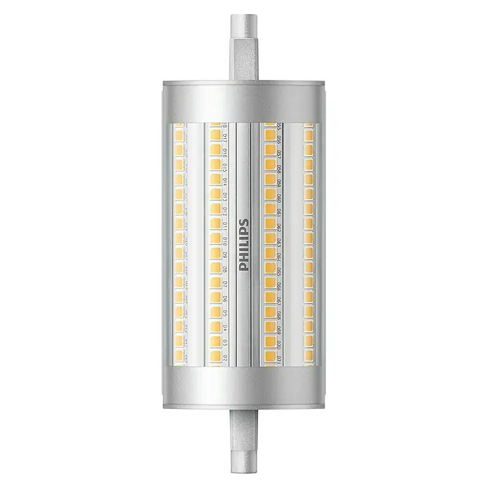 Philips Bombilla LED Classic CW - R7s, Intensidad regulable, Blanco frío, 2.460 lm, 150 W - Primer plano de una lámpara LED Philips, destacando su diseño innovador y la solución de iluminación de bajo consumo.