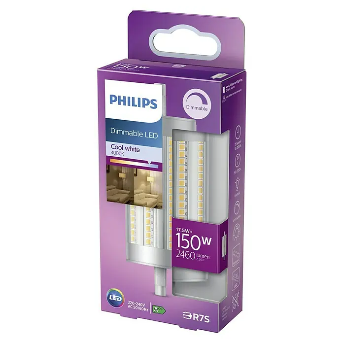 Philips Bombilla LED Classic CW - R7s, Intensidad regulable, Blanco frío, 2.460 lm, 150 W - Lámpara LED Philips regulable con luz blanca fría (4000K), equivalente a 150W, que ofrece 2460 lúmenes, en su embalaje.