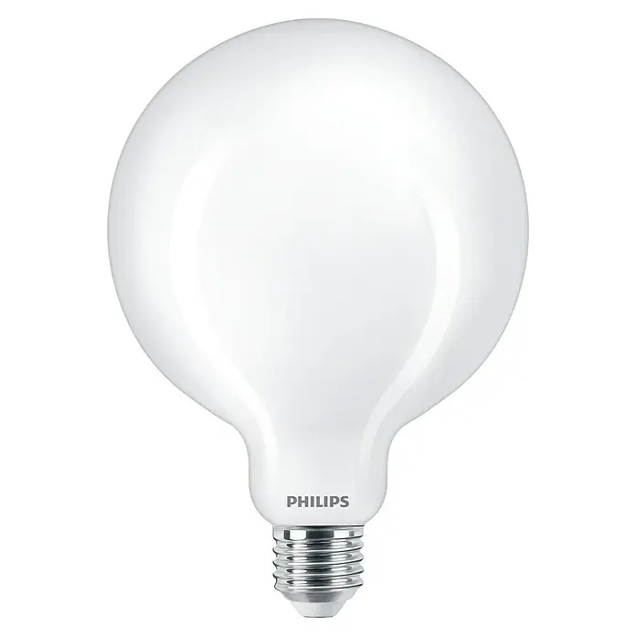 Philips Bombilla LED Classic CDL - E27, No regulable, Blanco diurno, 2.000 lm, 120 W - Esta imagen muestra una bombilla globo Philips con base E27 sobre un fondo negro. La bombilla LED es blanca y tiene forma redonda.