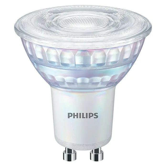 Philips Bombilla LED Classic CW - GU10, Intensidad regulable, Blanco frío, 575 lm, 80 W - Primer plano de una bombilla LED Philips con base GU10, que muestra una solución de iluminación eficiente y duradera para tu hogar.