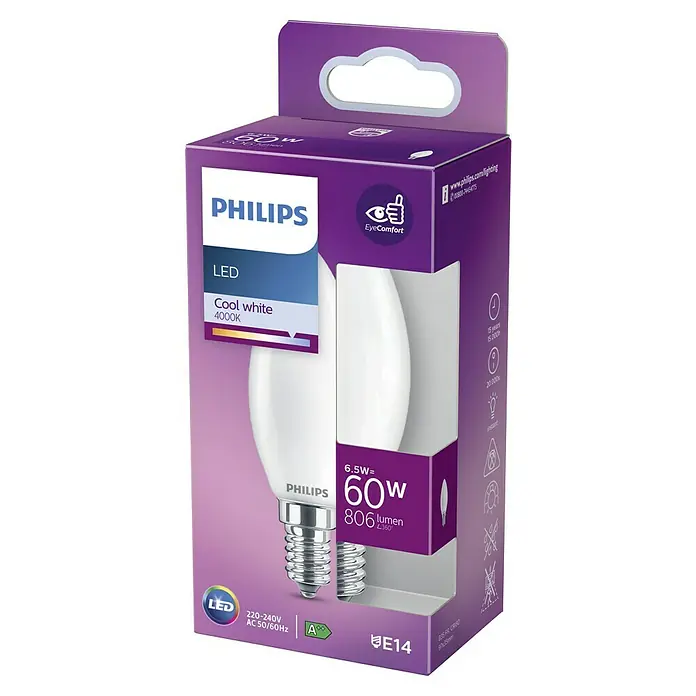 Philips LED-Lampe Classic CW - E14, Kaltweiß, 806 lm, 60 W - Produktbild einer Philips LED-Lampe mit E14-Sockel, 6.5W entspricht 60W, in einer lila Verpackung mit Aufhänger.