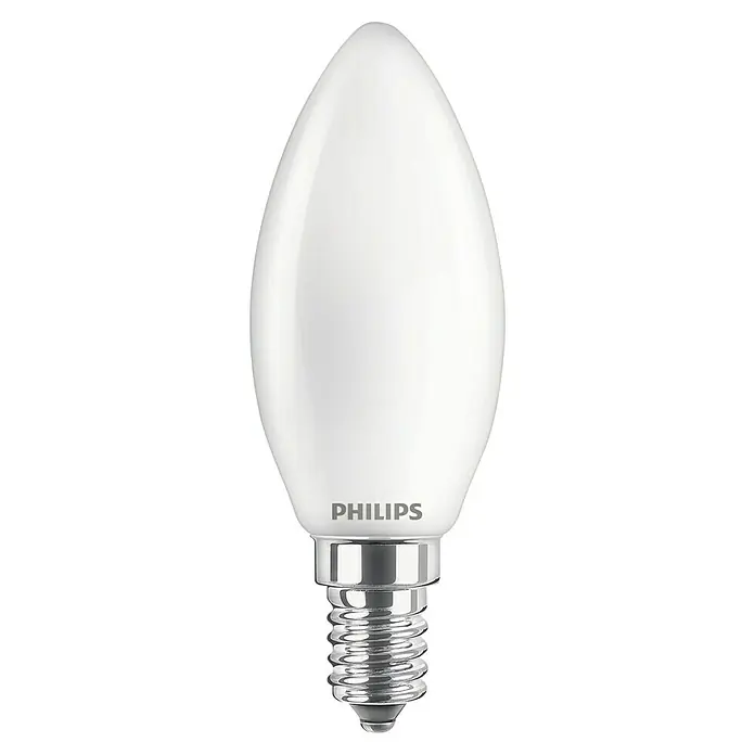Philips LED-Lampe Classic CW - E14, Kaltweiß, 806 lm, 60 W - Nahaufnahme einer Philips LED-Kerzenlampe mit E14-Sockel und mattem Finish, ideal für stimmungsvolle Beleuchtung.