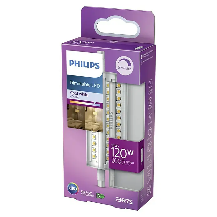 Philips Bombilla LED Classic CW - R7s, Intensidad regulable, Blanco frío, 2.000 lm, 120 W - Lámpara LED regulable Philips de 14W, equivalente a 120W, que proporciona 2000 lúmenes. Luz blanca fría a 4000K para una iluminación agradable.