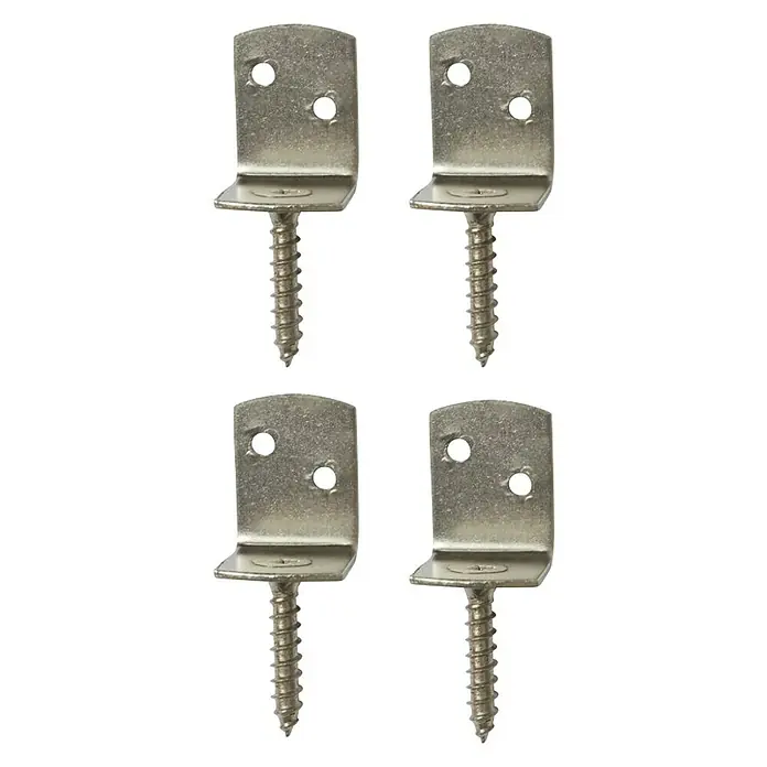 Cerland Juego de escuadras para vallas - Acero, 4 ud. - Imagen de cuatro soportes metálicos para estantes con tornillos sobre un fondo negro para la presentación del producto.