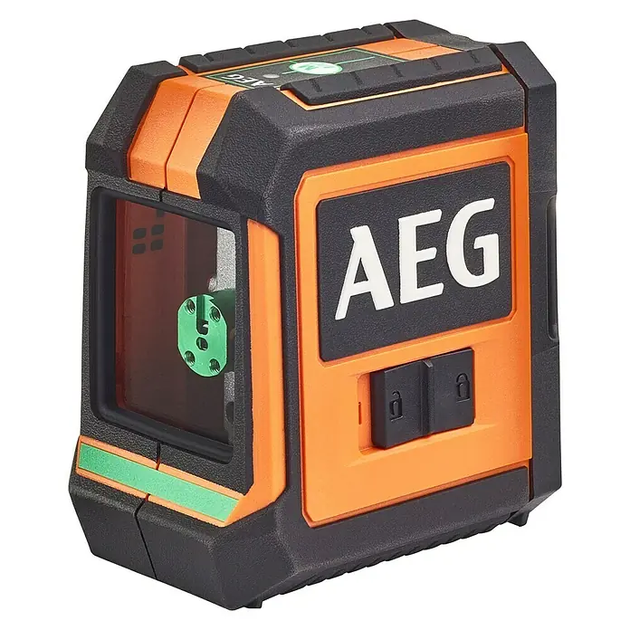 AEG Kreuzlinienlaser CLG2-20B - Max. Arbeitsbereich: 20 m - Das AEG-Lasergerät mit oranger und schwarzer Farbe ist ein präzises Werkzeug für Bau- und Renovierungsarbeiten.