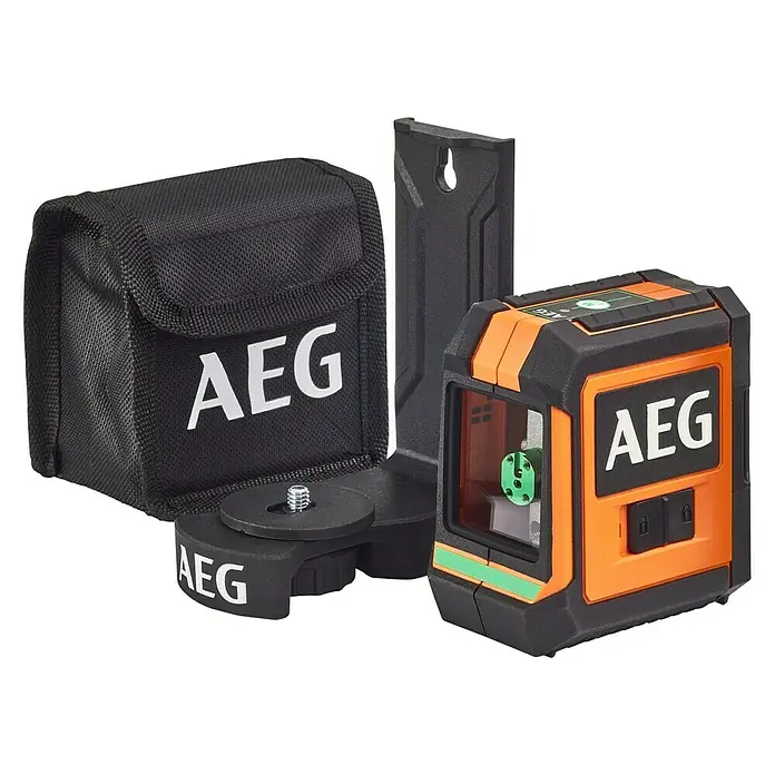 AEG Kreuzlinienlaser CLG2-20B - Max. Arbeitsbereich: 20 m - AEG-Laser-Wasserwaage mit Zubehör. Das Set beinhaltet eine Tasche, eine Halterung und das Laser-Nivelliergerät selbst.