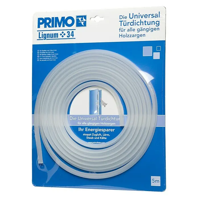 Primo Türdichtung Lignum 34 - Transparent, 5 m, Passend für: Nutbreite 3 – 4 mm - Abgebildetes Produkt ist eine Universal Türdichtung von Primo Lignum 34, ideal für Holzzargen, um Zugluft, Lärm und Staub zu stoppen.