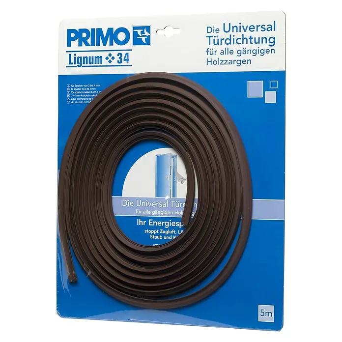 Primo Türdichtung Lignum 34 - Mahagoni, 5 m, Passend für: Holzzargen, Nutbreite 3 – 4 mm - PRIMO Lignum 34 Universal Türdichtung für Holzzargen, braun, 5m Rolle, zur Abdichtung von Türspalten.