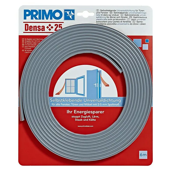 Primo Universaldichtung Densa 25 - Grau, 6 m, Passend für: Fenster, Türen, Möbel mit Spaltenbreite 2 – 5 mm - Selbstklebende Universaldichtung Densa 25 von Primo, ideal für Fenster und Türen, um Zugluft, Lärm, Staub und Kälte zu stoppen.