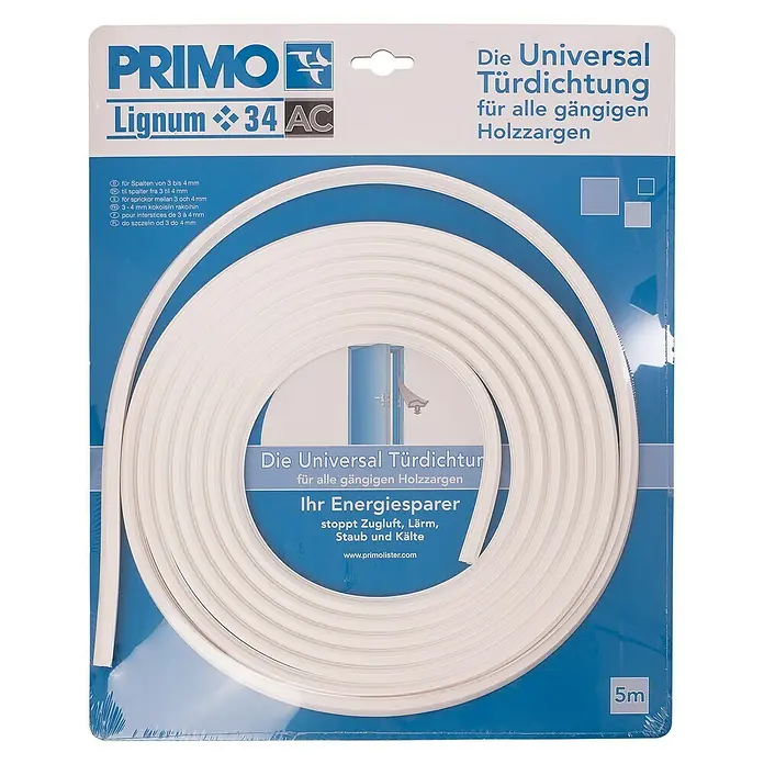 Primo Türdichtung Lignum 34 AC - Weiß, 5 m, Passend für: Nutbreite 3 – 4 mm - PRIMO Lignum 34 AC Universal Türdichtung für Holzzargen, 5m Rolle. Dichtet Spalten von 3-4mm ab und spart Energie.