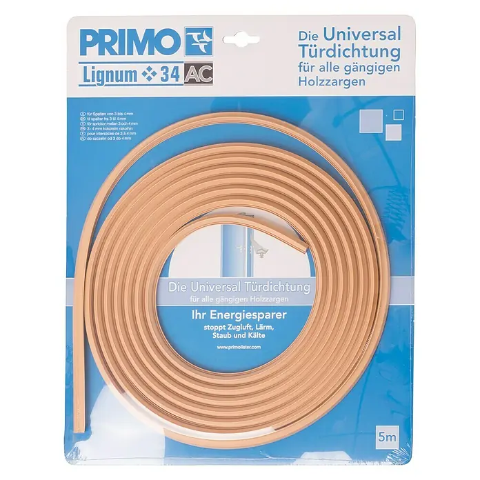 Primo Türdichtung Lignum 34 AC - Beige, 5 m, Passend für: Nutbreite 3 – 4 mm - Produktverpackung: Universal Türdichtung Primo Lignum 34 AC, geeignet für Holzrahmen, dichtet Spalten von 3-4 mm ab, 5m Länge.