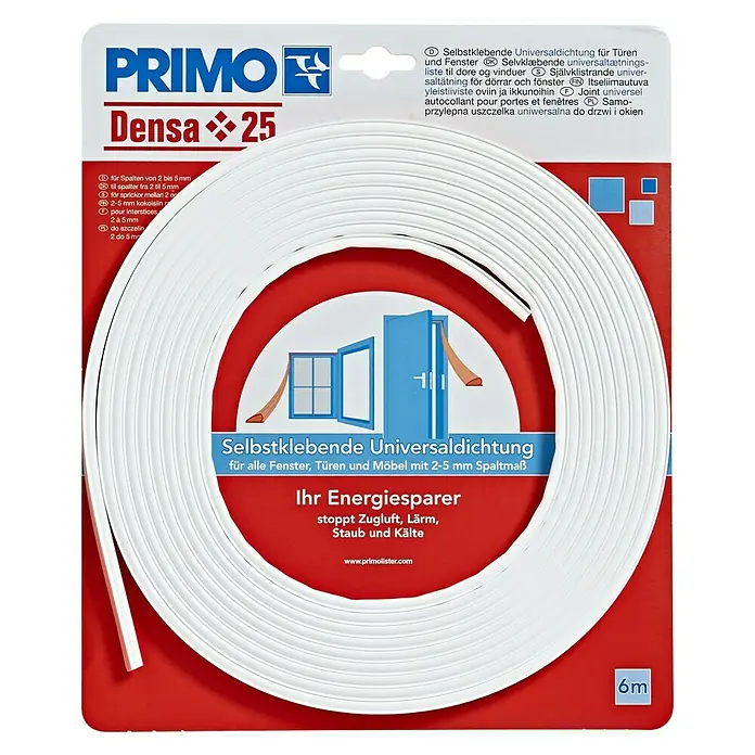 Primo Universaldichtung Densa 25 - Weiß, 6 m, Passend für: Fenster, Türen, Möbel mit Spaltenbreite 2 – 5 mm - Selbstklebende Universaldichtung von Primo Densa 25 für Fenster und Türen, stoppt Zugluft, Lärm, Staub und Kälte.